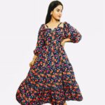 Casual Floral Print Western wear Gown with detachable sleeves